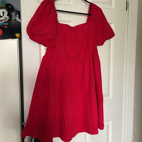 Trendy Mid Plus Size Red Babydoll Puffy Sleeve Selkie Style Dress 0XL Size 12-16 - Picture 3 of 5